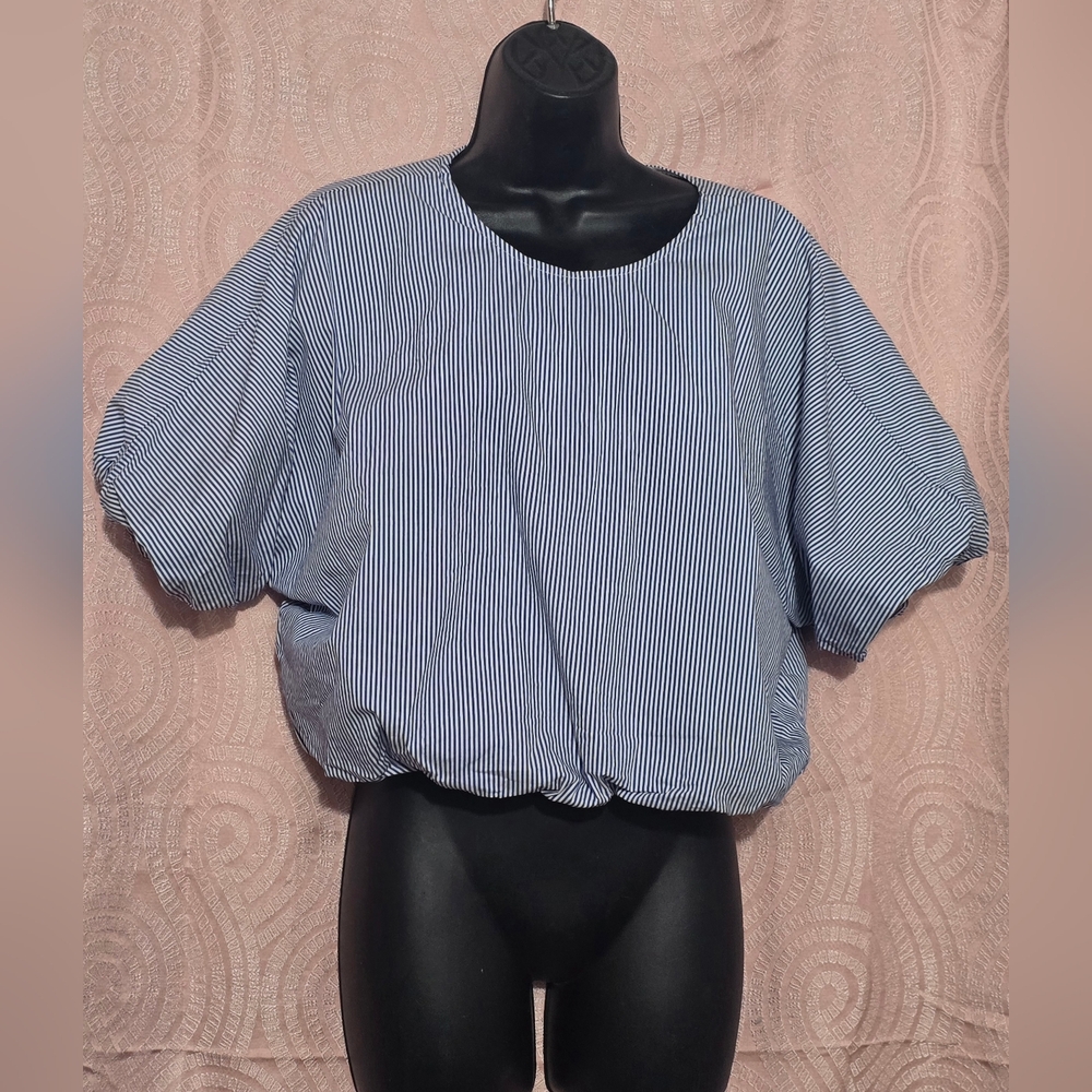 Marc New York Blouse Women Blue & White Striped Short Sleeve Cotton Small